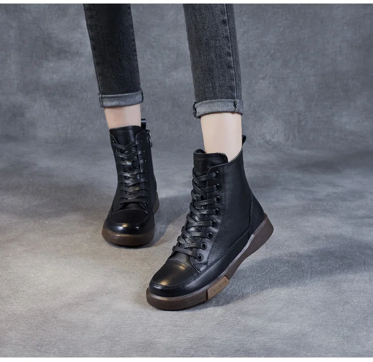 DRKANOL Frauen Echtes Leder Kurze Stiefel Runde Kappe Aus Echtem Leder Handgemachte Retro Street Style Winter Warme Wohnungen Stiefeletten – Detail 13