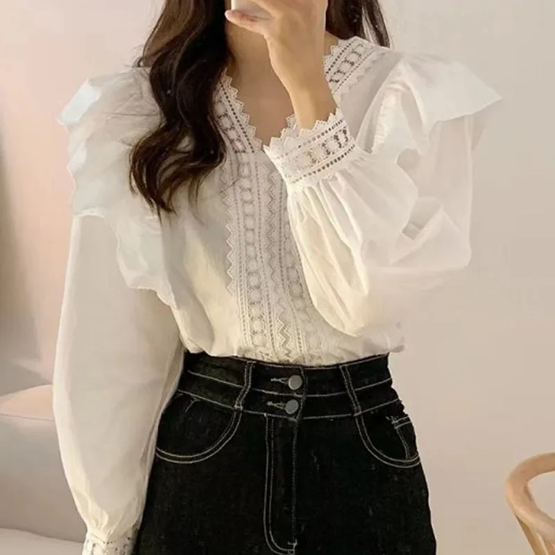 Chic Korean Style V-neck Loose Casual Puff Sleeve Ruffles Women Blouse Spring Summer Women Blouses Long Sleeve Lady Tops 1983