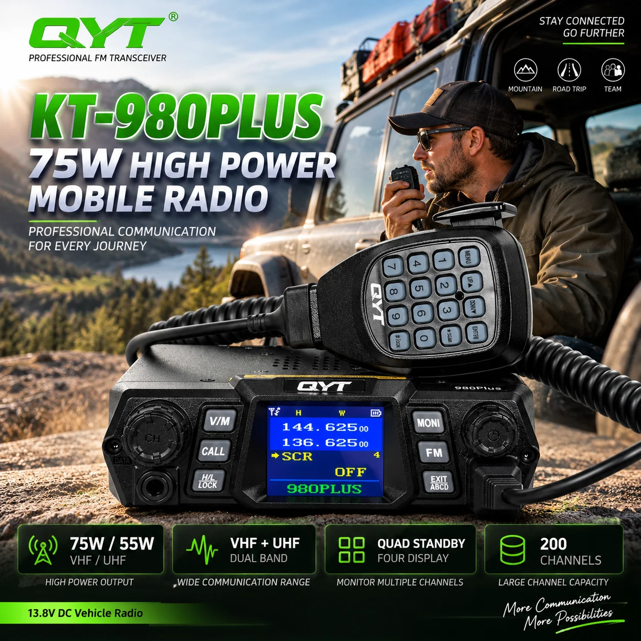 QYT KT-980PLUS 75W VHF 55W UHF Dual Band Mobile Radio Quad Standby 200CH DTMF 2Tone 5Tone PC Programmable Car Two Way Radio