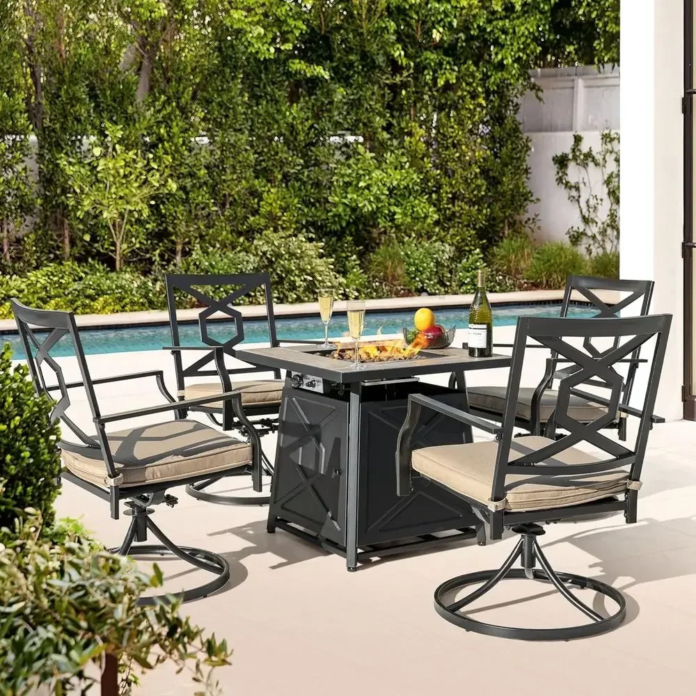 5-Piece Outdoor Patio Furniture Set with Fire Pit Table, 28 Propane Gas Table with Cover, 4 Swivel Dining Chairs with Cushions,