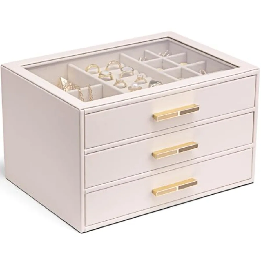 Jewelry Box for Women Glass Lid Jewelry Organizer with 3 Drawers for Necklaces Rings Earrings Bracelets - Light Pink
