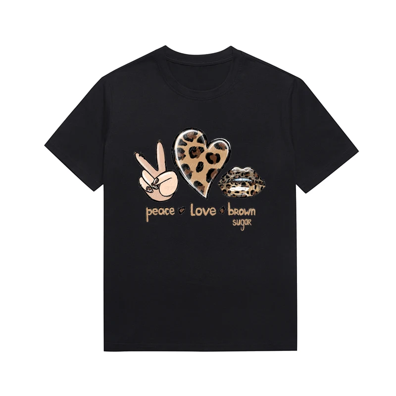 Peace Love Brown Sugor Slogan T-shirt Leopard Graphic Printing Tee Melanin Lady Short Sleeve Tees Custom Top