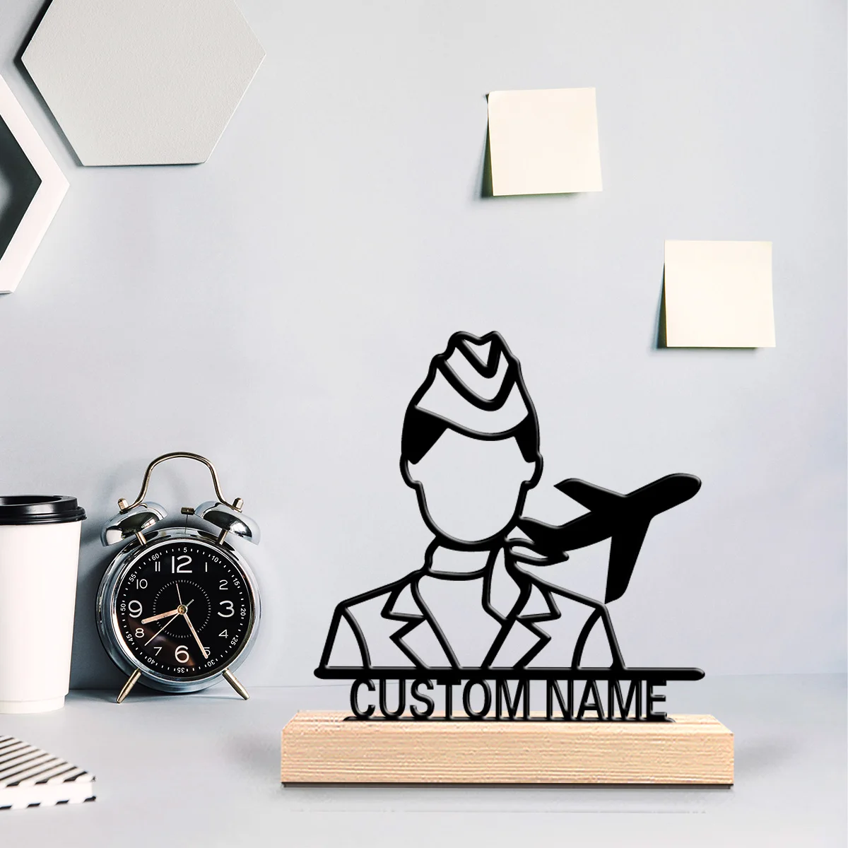 1pc Modern flight attendant Custom Text Tin Statue Metal Ornament Crafts With Wood Base Metal Ornament Study Desktop Decoration