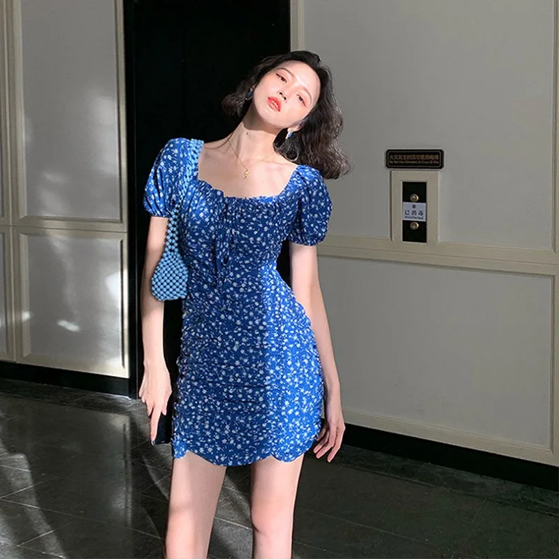 

Slim Short Dress Vintage Puff Sleeve Floral Summer Women Blue Sexy Tight Chiffon Square Collar Off Shoulder Boho