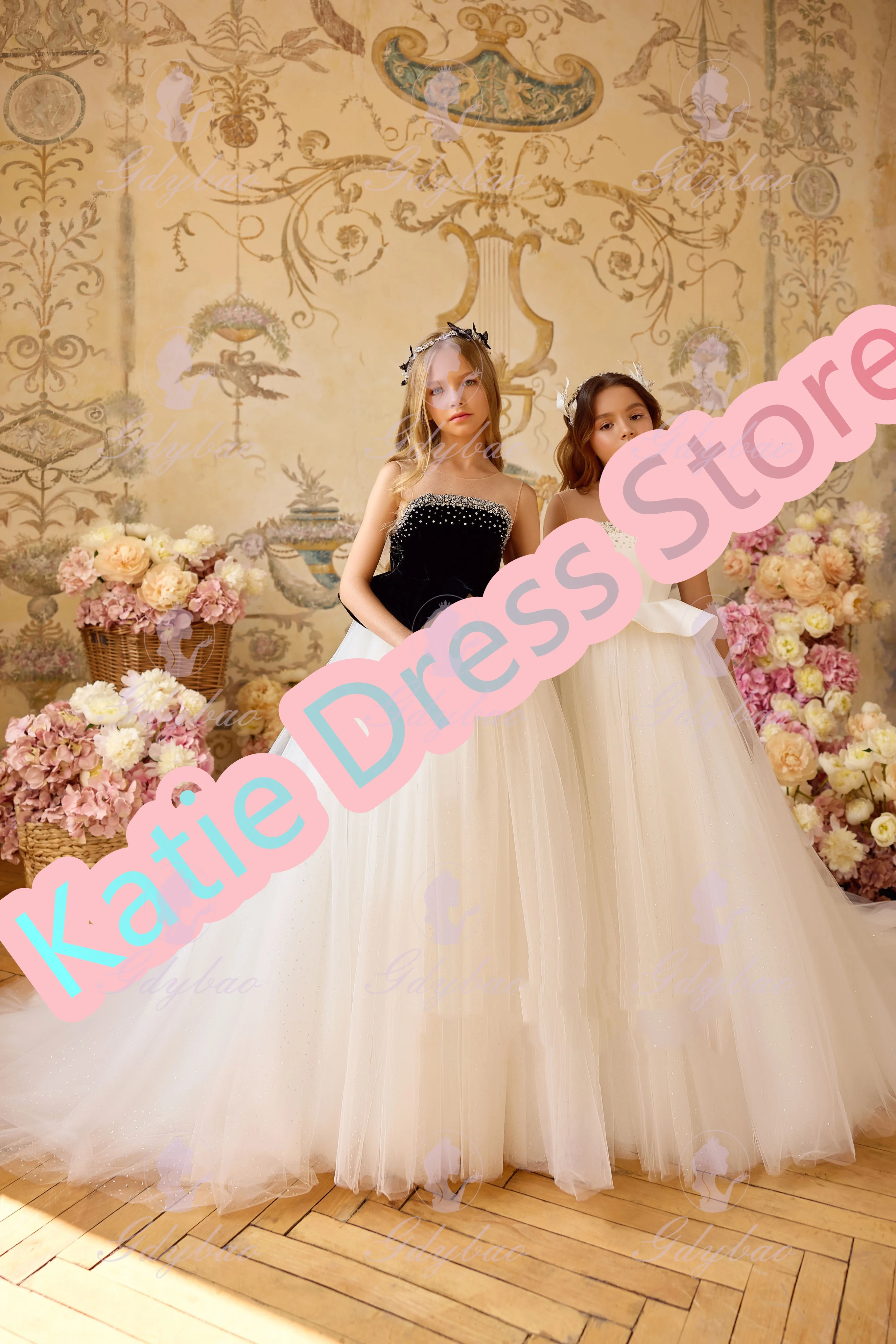 

Customized Elegant Flower Girl Dress For Wedding Tulle Puffy Beading Sleeveless Kids Birthday Party First Communion Ball Gowns