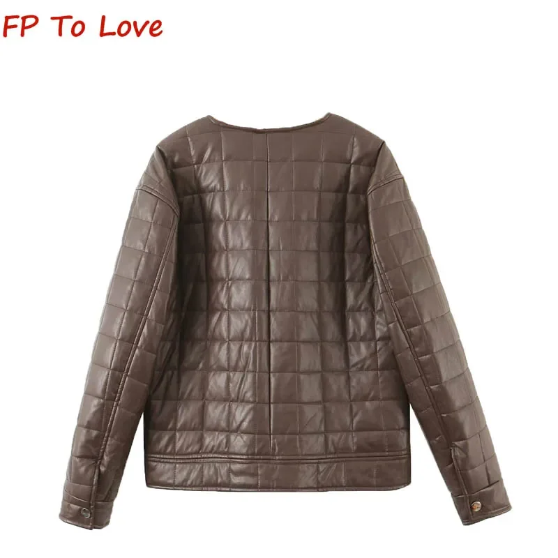 2023 Autumn Winter Round Collar Single Breasted Leather Jacket Cotton Clothes Diamond Loose PU Quilted Long Sleeve Coat