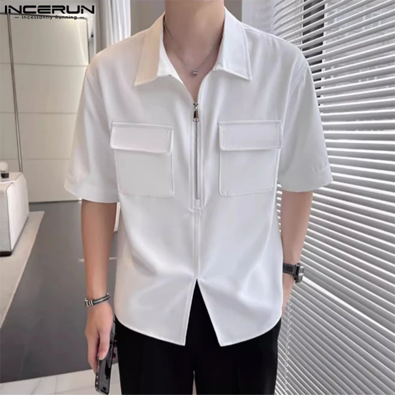 Handsome Well Fitting Tops INCERUN 2024 Men Half Zip Lapel Pocket Shirts Casual Streetwear Solid Short Sleeve Lapel Blouse S-5XL