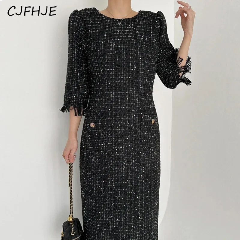 

CJFHJE Spring Women Retro Fragrant Round Neck 3/4 Sleeve Spliced Tassel Loose Straight Dress Ladies Korean Elegant Women Dress