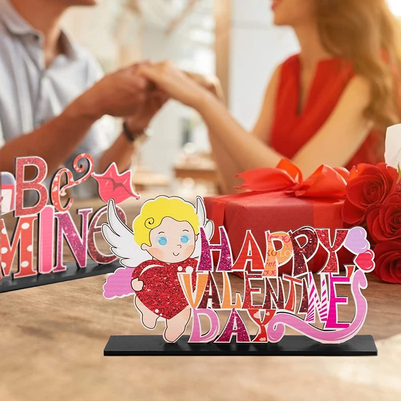 4Pcs Valentine's Day Wooden Tabletop Centerpiece Signs Letter Shaped Table Toppers Desktop Signs For Anniversary,Wedding