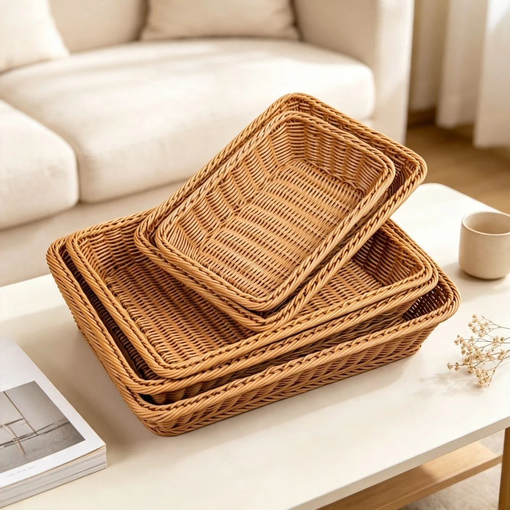 Handwoven Vegetable Fruit Drainer Tray Supermarket Display Basket Bakery Organizer Table Decor Coffee Table Kitchen Organizer