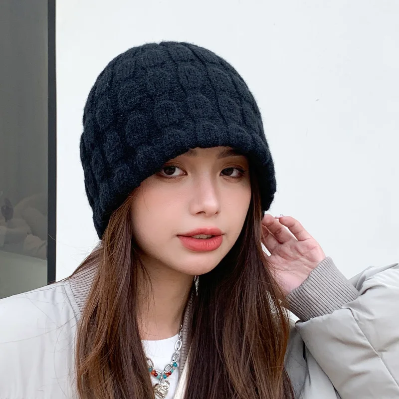 Bubble knitted woolen hat for women big head circumference warm ear protection cover head cap to show off face size