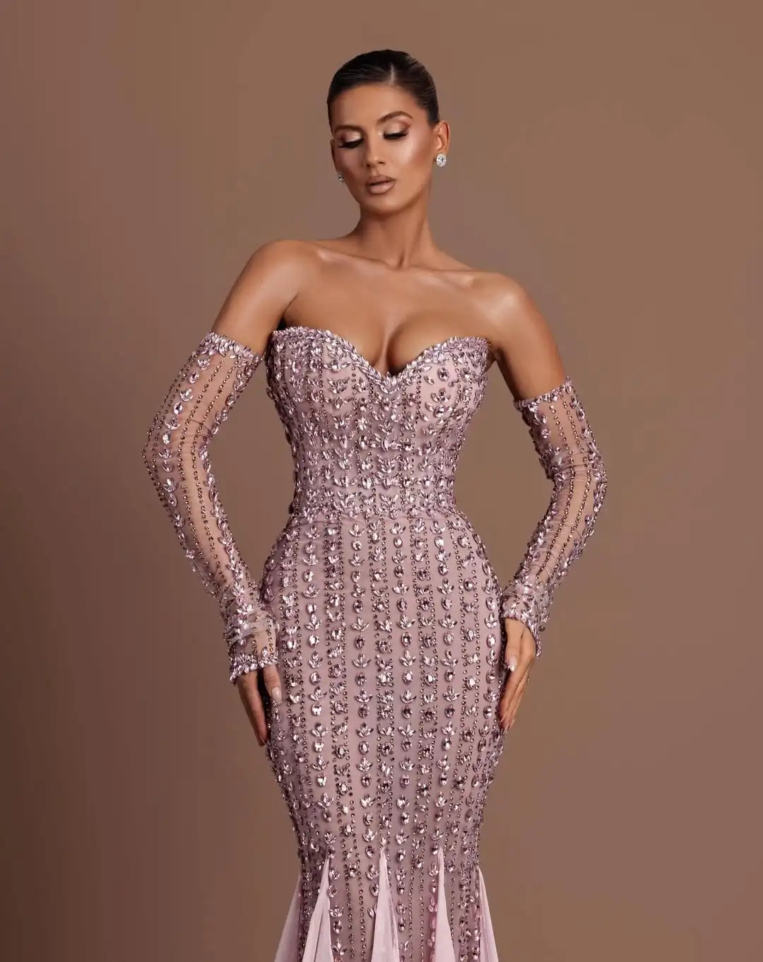 Luxe trend zeemeermin off-shoulder kristal kralen pure mouw chiffon ruches vloerlengte slanke avond prom formele feestjurk