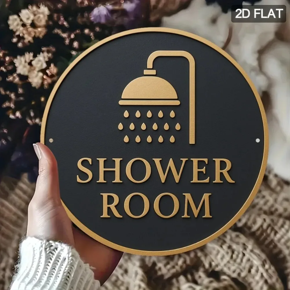 Golden Shower Head Sign, Round Aluminum Wall Art with Droplets, Stylish Bathroom Decor for Home