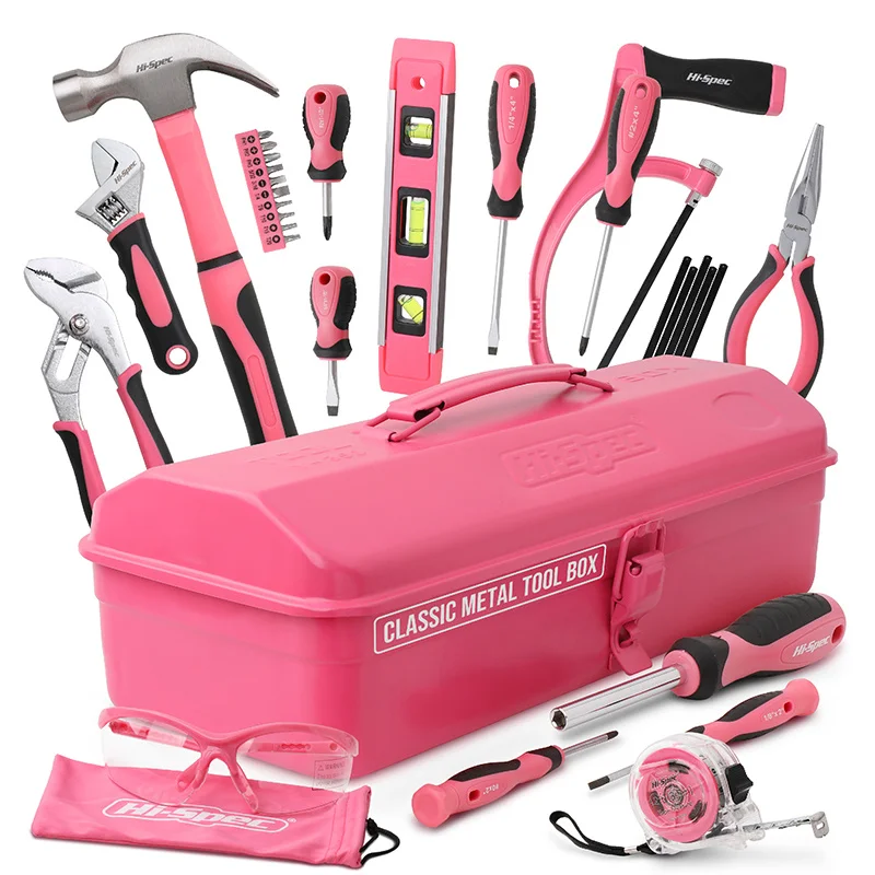 Hi-Spec Lady Household Repair Tool Set 30pc Manual Tools Woodworking Hand Tools With Screwdriver Plier In Pink Metal Tool Box