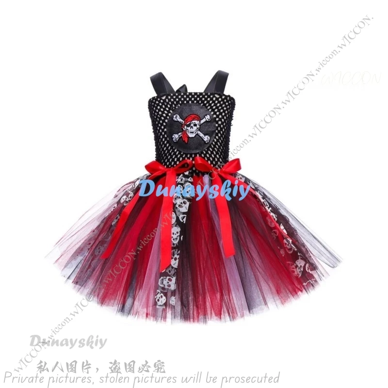 Halloween Children's Pirate Net Tutu Dress Masquerade Ball Skull Girl Show Costume Cosplay Headwear Props Disguise Kawaii Fancy