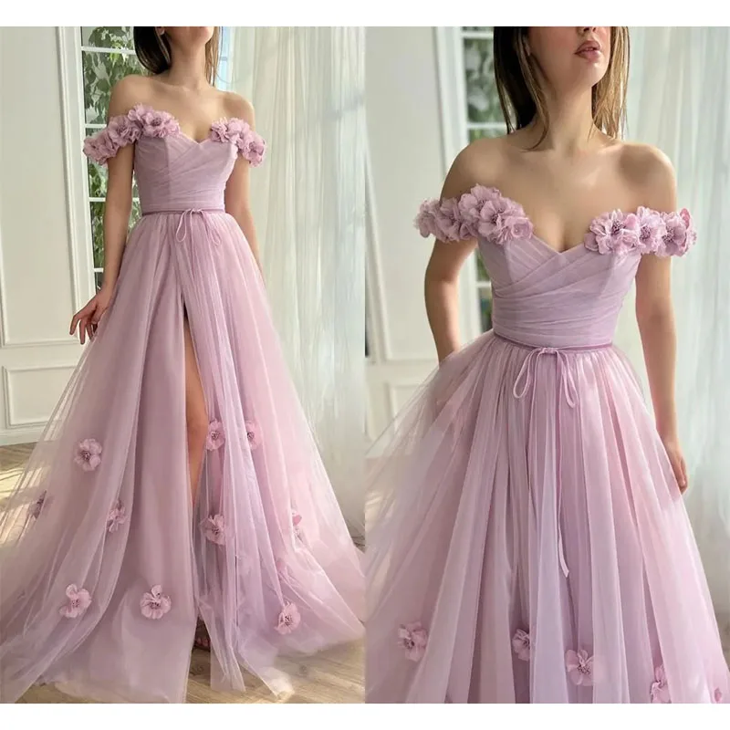 

Customized Pink A Line Prom Dresses for Women Off Shoulder Handmade Flowers Side Split Special Occasion Birthday Evening Gowns