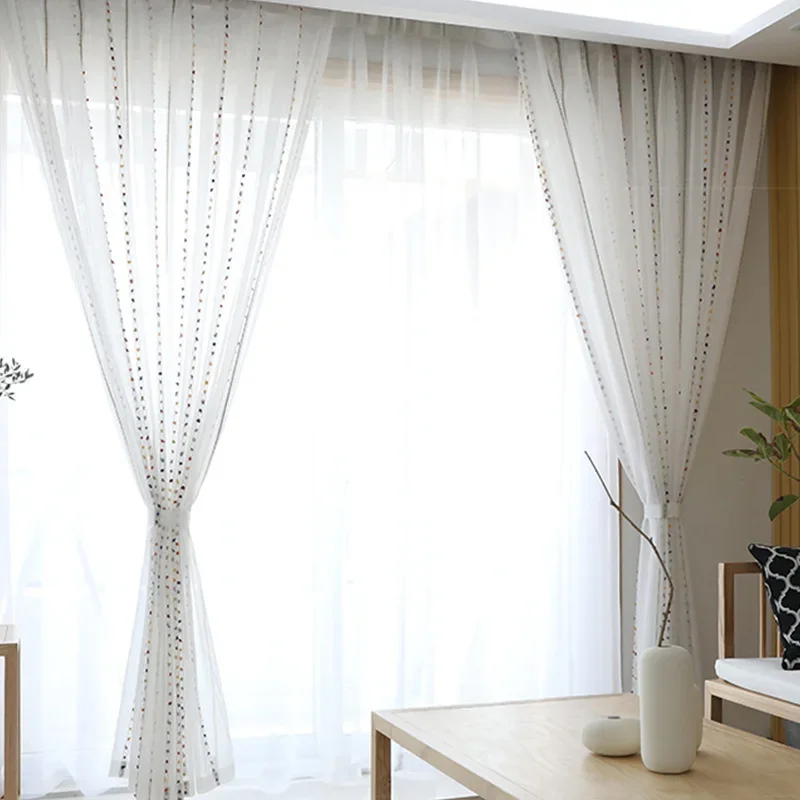 Colorful Striped White Tulle Curtains for Living Room Bedroom Modern Sheer Curtain Drape Window