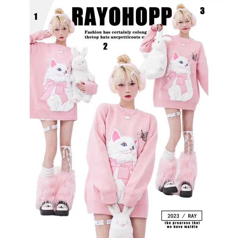 Suéter de dibujos animados de gato flocado para mujer, Top de punto de manga larga con cuello redondo, sudadera de gran tamaño, Otoño e Invierno