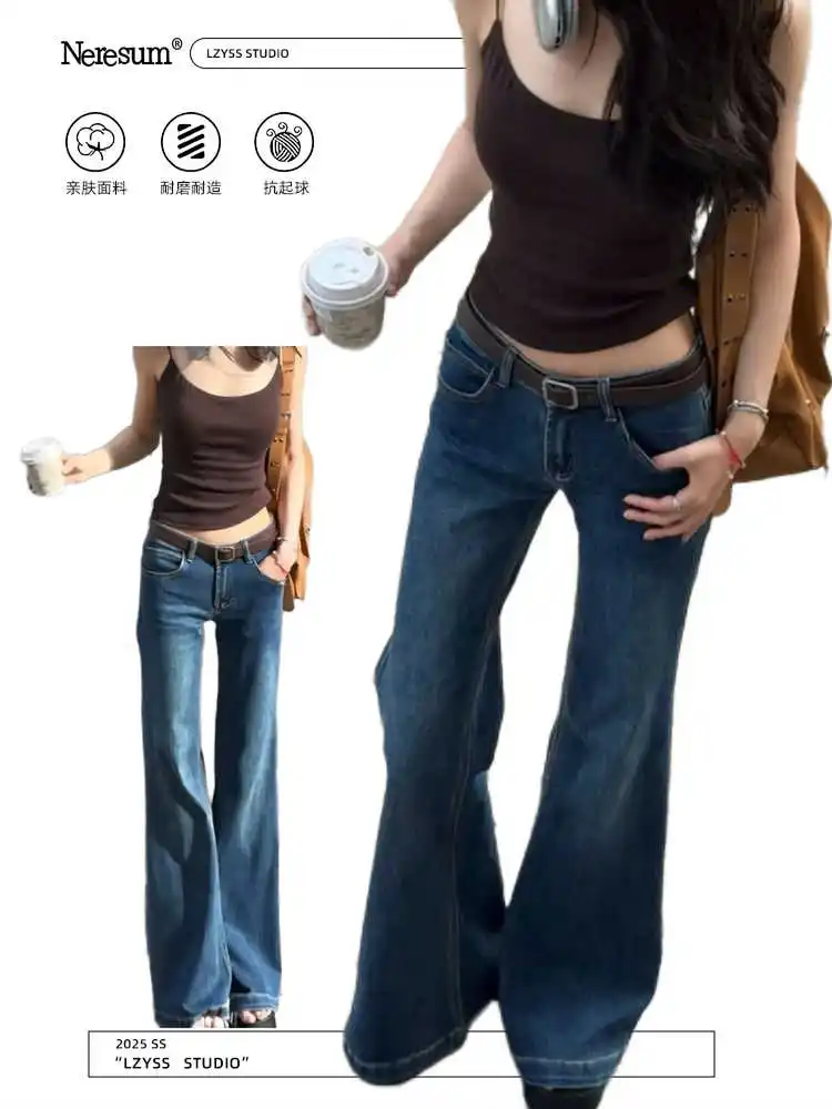 

2025 Autumn Winter Vintage Women Korean Fashion Denim Flare Pants Low Rise Blue Jean Y2k Harajuku Bell Bottom Skinny Bootcut New