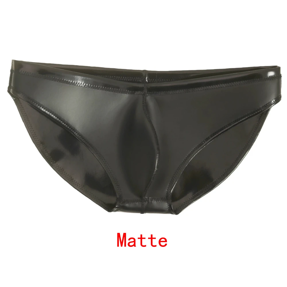 

Sexy Men Double Sided PU G-string Faux Latex Leather U Convex Pouch Briefs Erotic Lingerie PVC Low Rise Waist Thong Plus Size