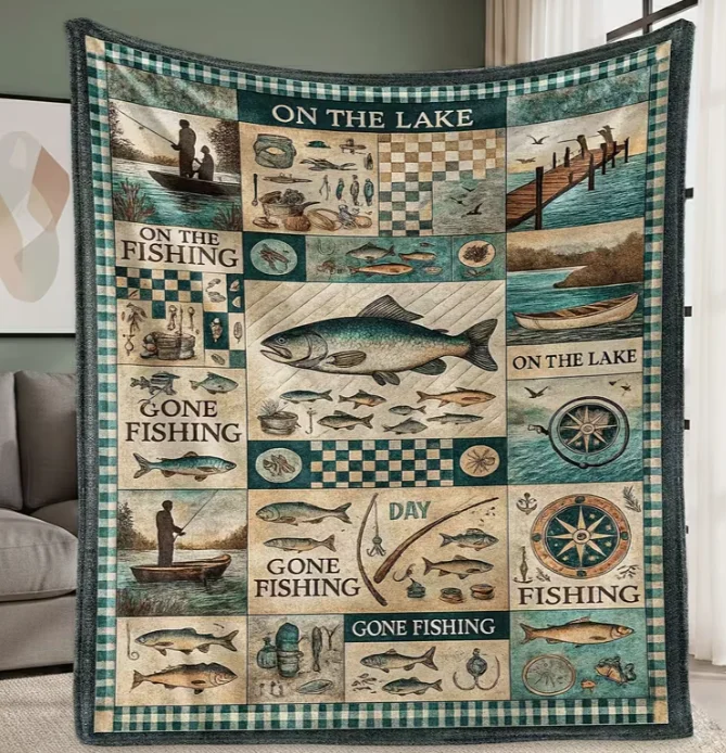 Fishing on The Lake Flannel Blanket - -Season Soft Bedspread Suitable for Sofa, Bed, Travel & Camping Cozy Couch Chair Cover