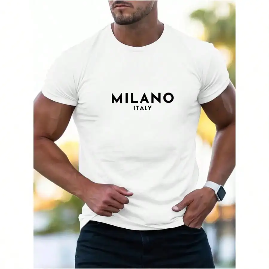 

MILANO Letter Print Men's Crew Neck Short Sleeve Tees, Summer T-Shirt, Casual Versatile Comfy Breathable Top For Daily