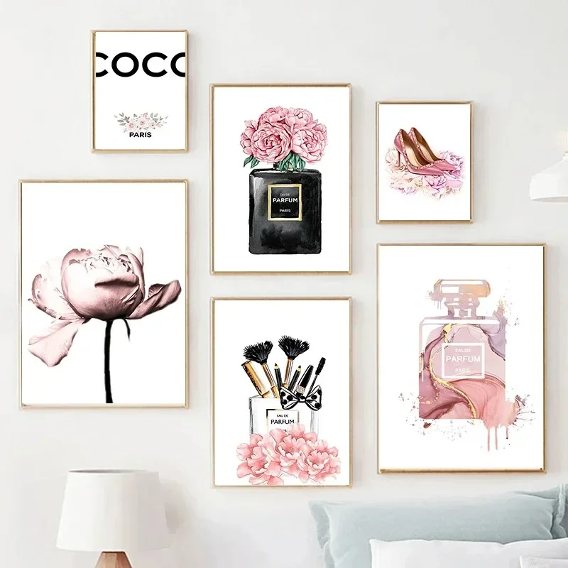 الحديثة جدار الصورة الأزياء مسمار البولندية زجاجة عطر الوردي الزهور الملصقات قماش اللوحة لفتاة غرفة نوم ديكور المنزل كوادروس #2
