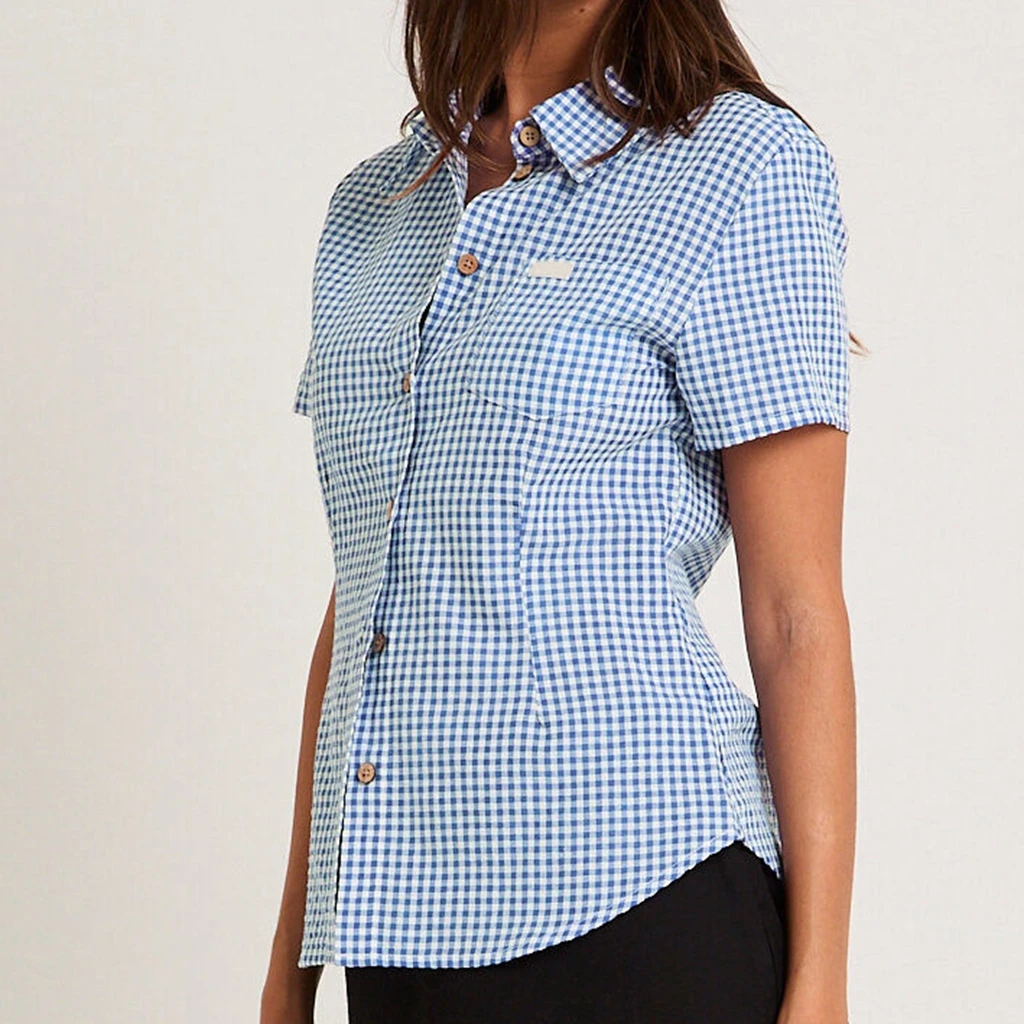 

Classic Women's Button Down Shirt Casual Contrast Color Plaid Turn Down Collar Short Sleeve Tops for Spring& Summer