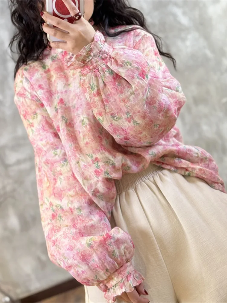 Sweet Style Floral Print Lace Collar Cotton Jacket Women's Lightweight Winter Shirt Inner Wear Casual Loose Fit Long Sleeve
