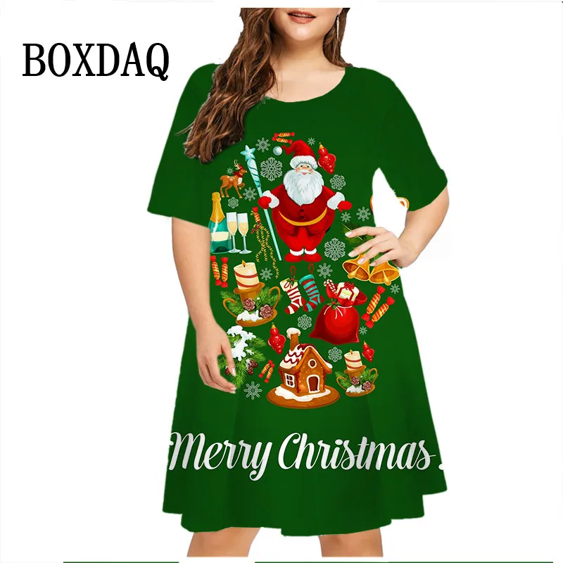 Sweet Cute Santa Claus Dress Christmas Print Women's Short Sleeve Dress Winter O-Neck Mini Dress Plus Size Autumn Party Clothes