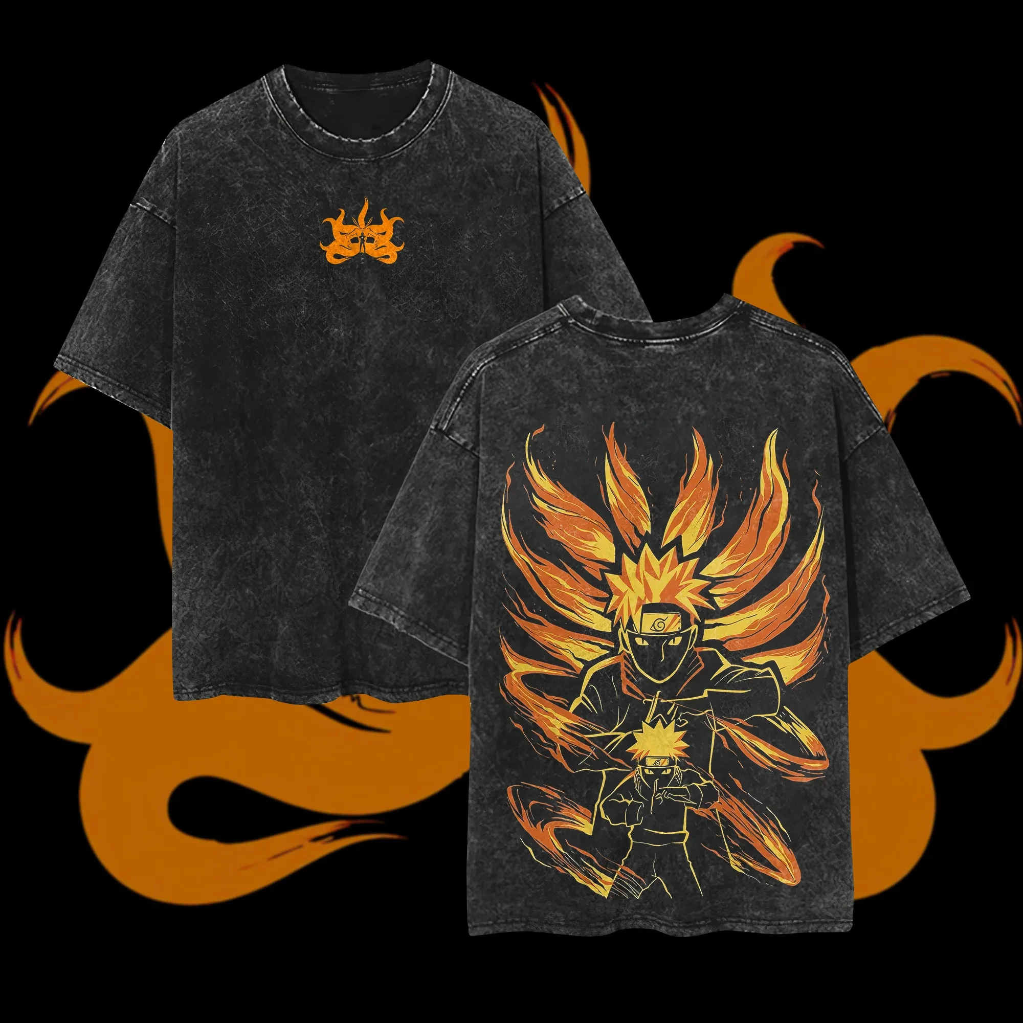 Naruto Uzumaki Kurama T-Shirt Nine Tails Tee Vintage Washed Oversized Retro Anime Harajuku Streetwear Manga Herren Grafik-Tops