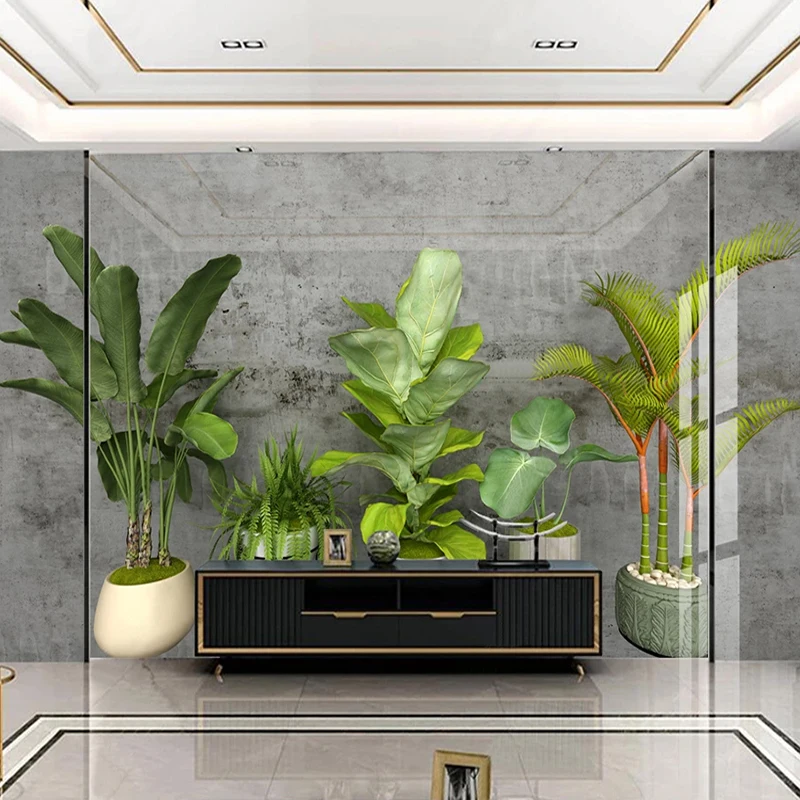 Custom 3D Photo Wallpaper Gray Cement Wall Green Plant Potted Living Room Sofa TV Background Wall Home Decoration Mural Painting