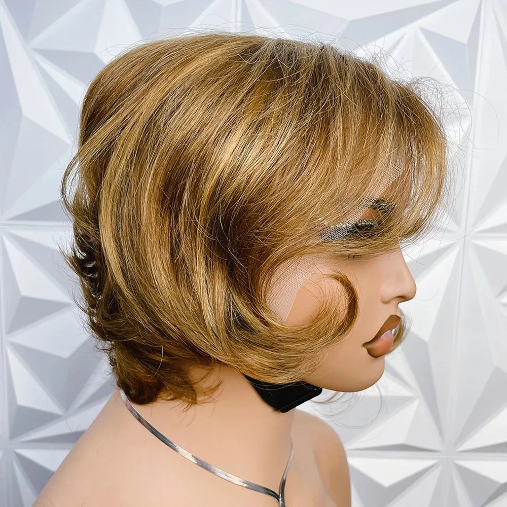 #27 Blonde Brazilian Human Hair Wig 13x4 HD Lace Front Short Pixie Bob Ombre Brown 8 Inch Ready to Wear for Black Wom
