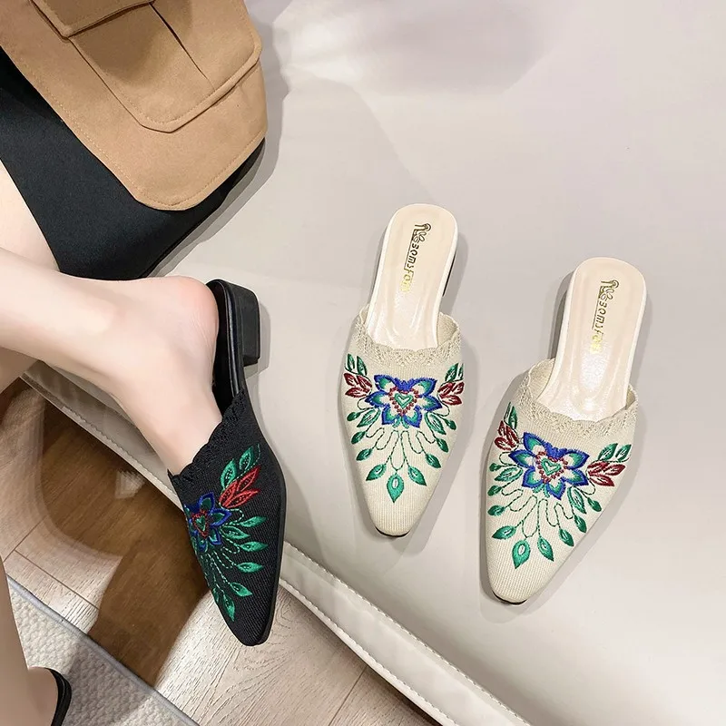 Slippers Shoes for Women Mules Luxury Designer Embroidery Ethnic Style Low Heel Home Sandals Female New in Fashion