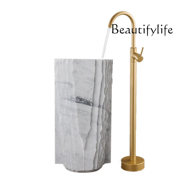 BJ Light Luxury Art Natural Marble Integrated Column Basin Hotel Villa Bathroom Floor-to-ceiling Sink