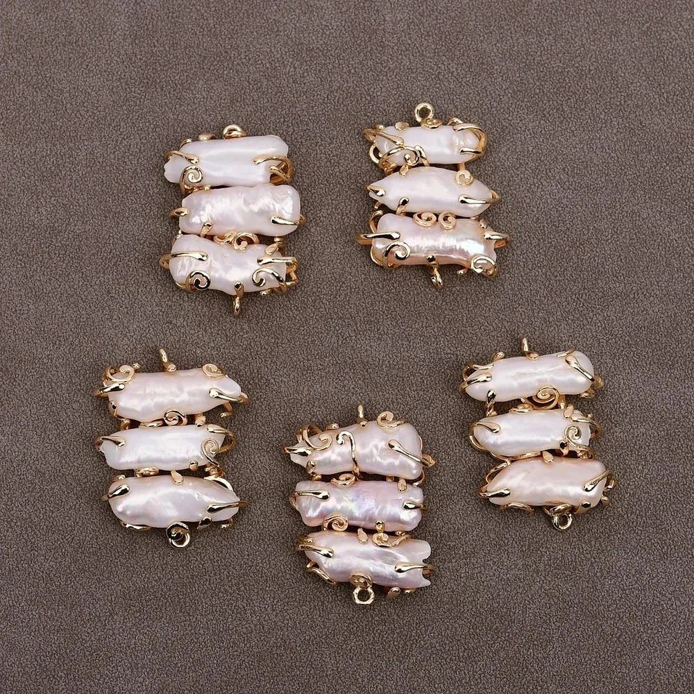 

5 Pcs Natural White Biwa Pearl Flower Gold Plated inlaid Connector Double Ring Jewelry Finding