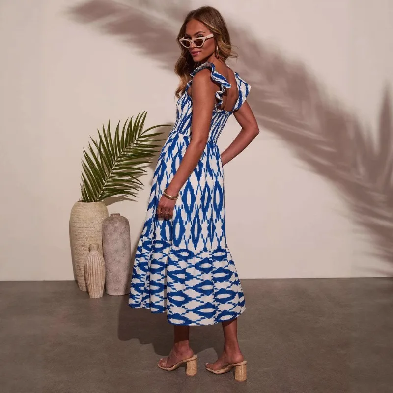 2025 novo vestido de verão feminino estampa floral sexy pescoço quadrado babados cintura em camadas maxi vestido com alças espaguete e saia redemoinho