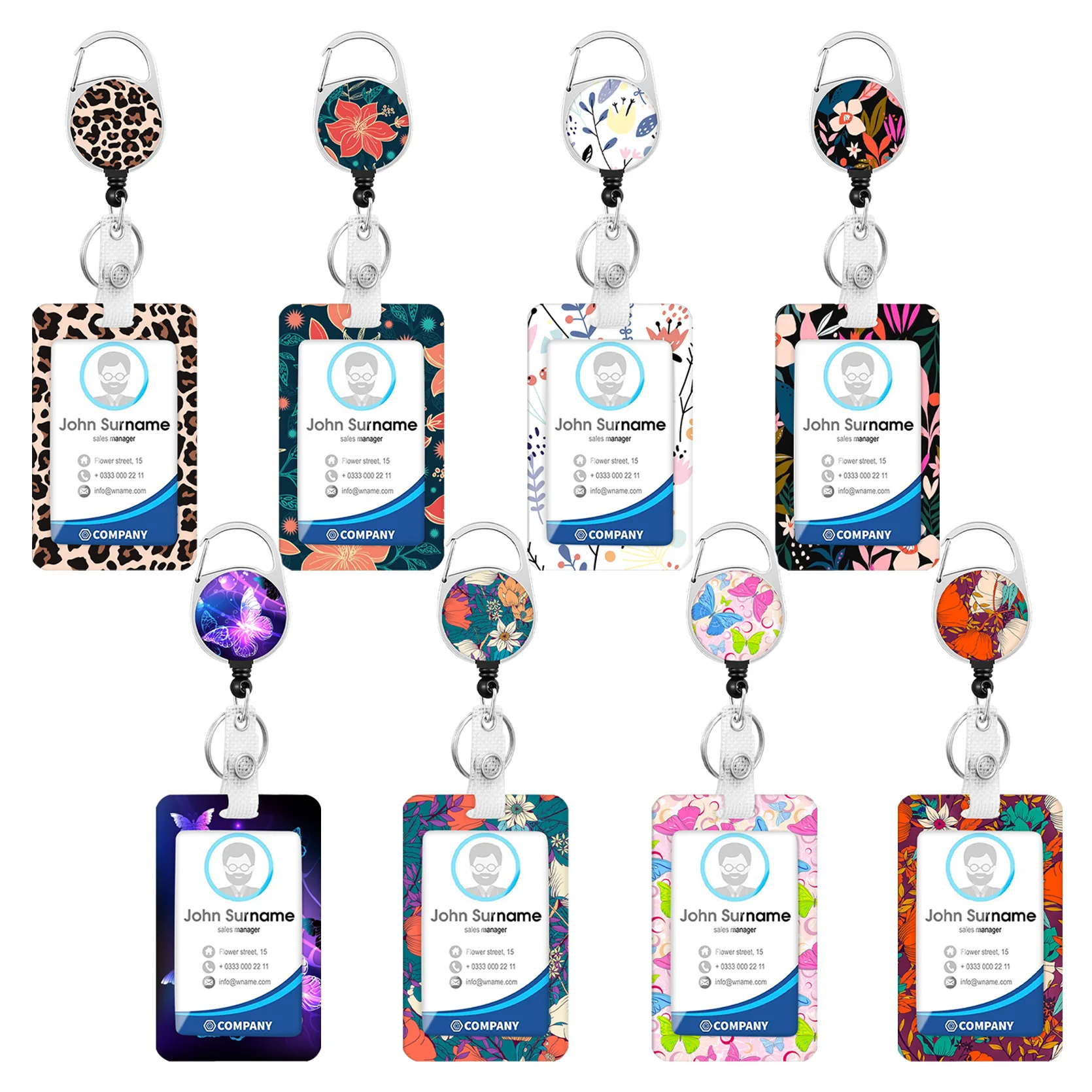 Round Zinc Alloy Butterfly Retractable Badge Reel Floral Print Polyester Lanyard ID Card Holder for Nurse Teacher Office