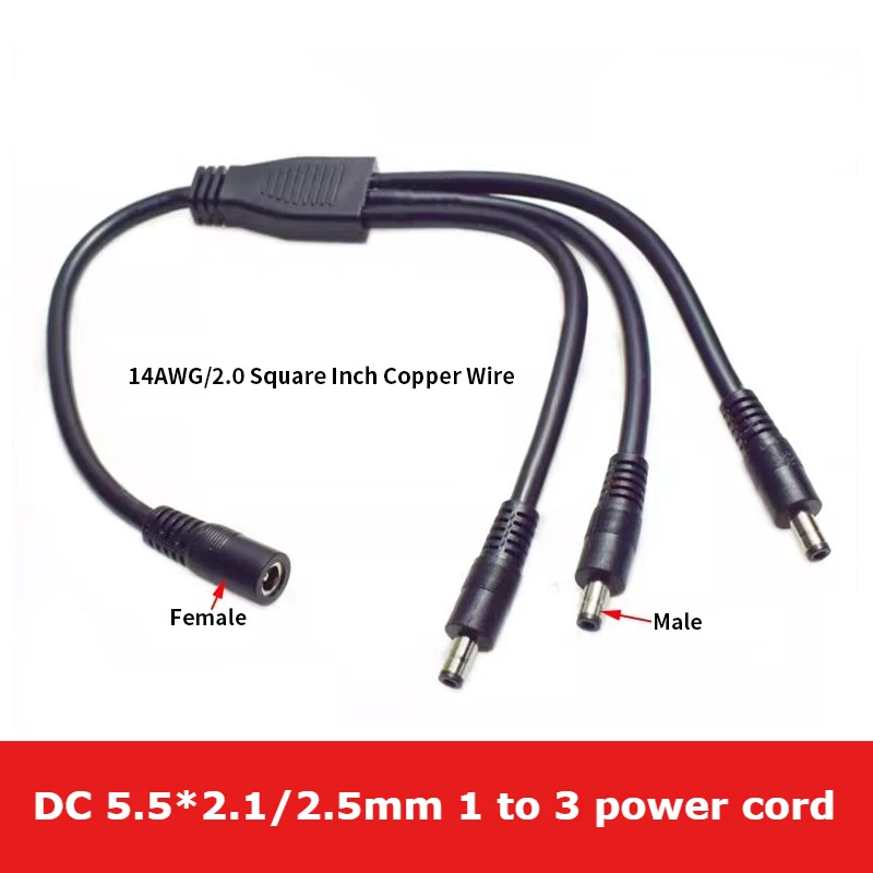 DC 5.5*2.1mm/2.5mm 1 Female to 3 Male Power Cables 14AWG High Power/Current DC Splitter For CCTV Cameras DVR LED Light Strip 10A