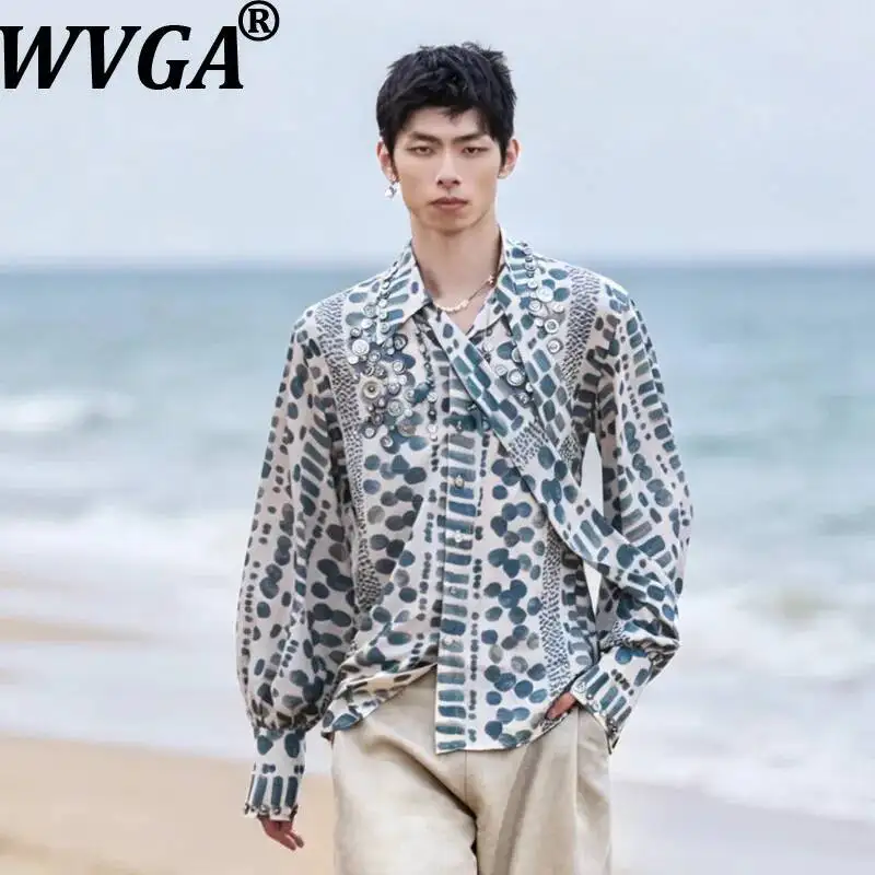 WVGA Spring Autumn New Men Tidal Fall Hand-stitched Shell Button Polka Dot Printed Resort-Style Trendy Long Sleeve Shirts W24822