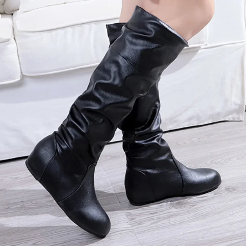 Autumn New Women\'s Thigh High Boots Fashion Plus Size Pionted Toe Wrinkle Flat Knee High Knight Boots for Women Botas De Mujer