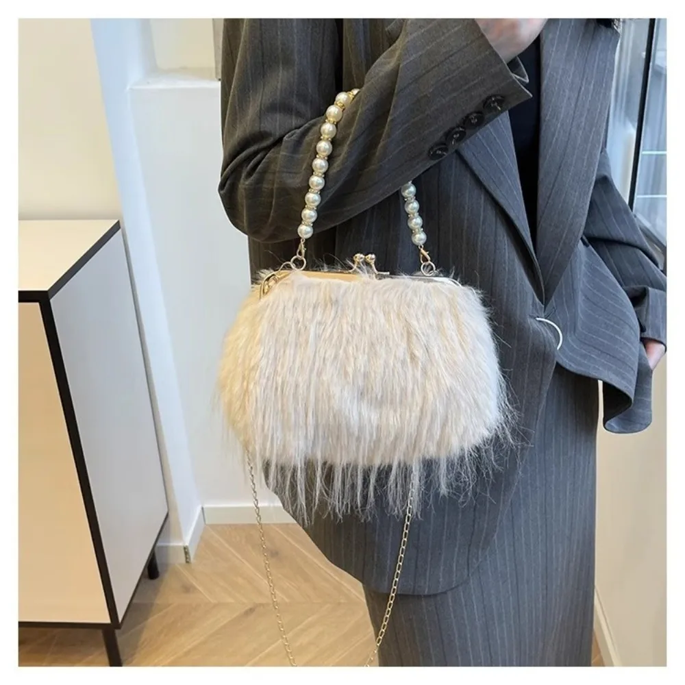 

Elegant Faux Fur Evening Bag Solid Color Pearl Chain Shoulder Bag Fluffy Large Capacity Crossbody Bag