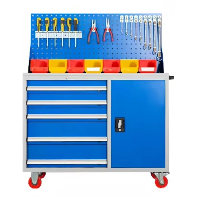 Modern Workshop Large Capacity Multi-function 4 Drawer Single Door Tool Box Auto Repair Hardware Storage Trolley Garage Cabinet