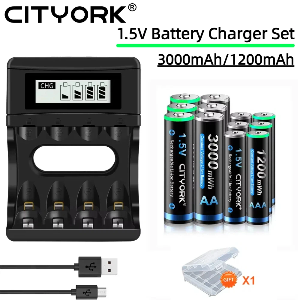 Ensemble de piles Li-ion rechargeables AA AAA 1.5V, batterie AA 3000mAh AAA 1200mAh avec chargeur à 4 emplacements pour Li-ionAA/AAA 1.5V