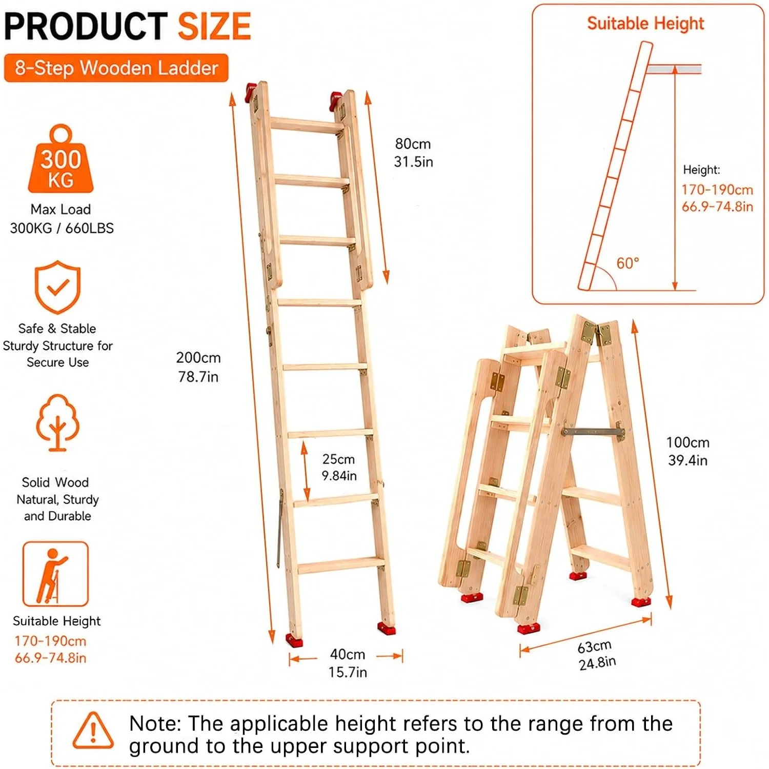 6.5ft Folding Wooden Loft Ladder, 8 Steps Rolling Library Ladder with Dual Handrails, Industrial Style SolidWood Step Ladder, Portable Loft Attic Ladder, 660LBS, for Attic, Warehouse, Library