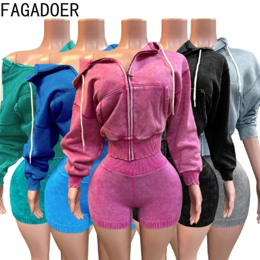 

FAGADOER Casual Wash Two Piece Outfits Woman Solid Color Long Sleeves Hooded Crop Top and Shorts Matching Female Streetwear New