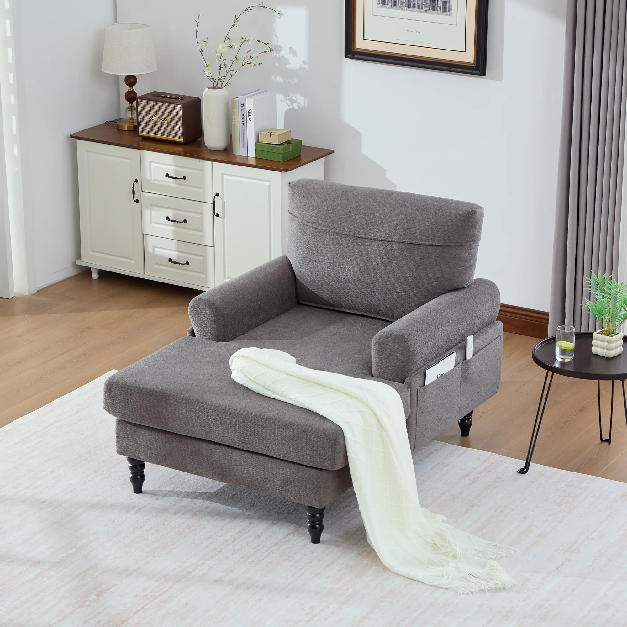 Moderner minimalistischer Samt-Loungesessel, Schlafzimmer-Einzelsofa mit Holzbeinen, bequemer Rückenlehne und Armlehnen – Detail 13