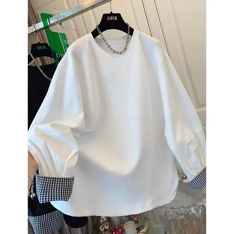 

Large Size 300 Pounds Plaid Sleeve Cuff Patchwork Long Sleeve Shirt Unisex Early Autumn Loose Versatile Top Cool Feeling Thin...