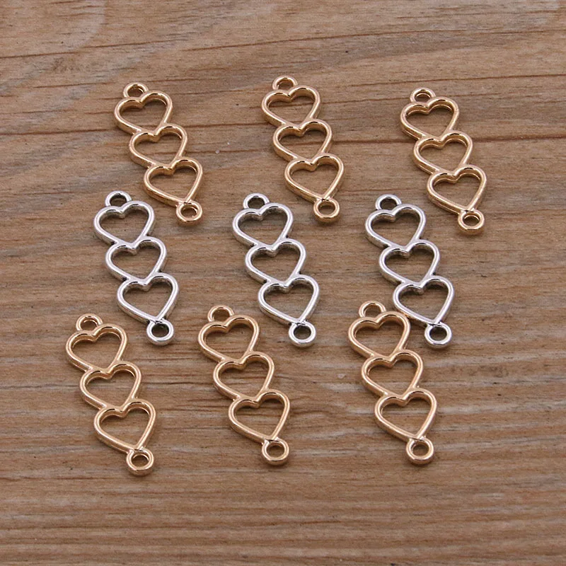 40Pcs 9*24MM 2 Color 2021 New Zinc Alloy Vintage 3 Heart Connectors Pendants Jewelry Making DIY Handmade Craft