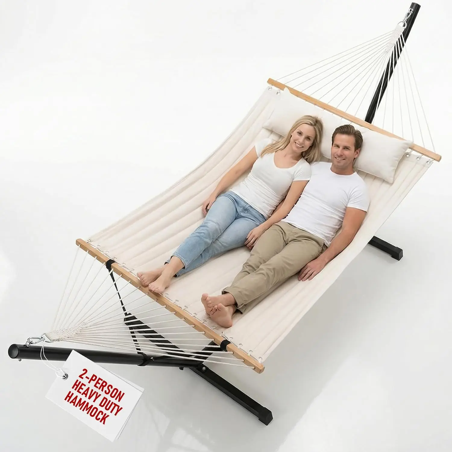 Double Hammock with Stand, 2 Person Heavy Duty Portable Outdoor Hammock with Adjustable Steel Stand and Balance Ropes Included, for Patio, Backyard, Garden, Beach, Beige